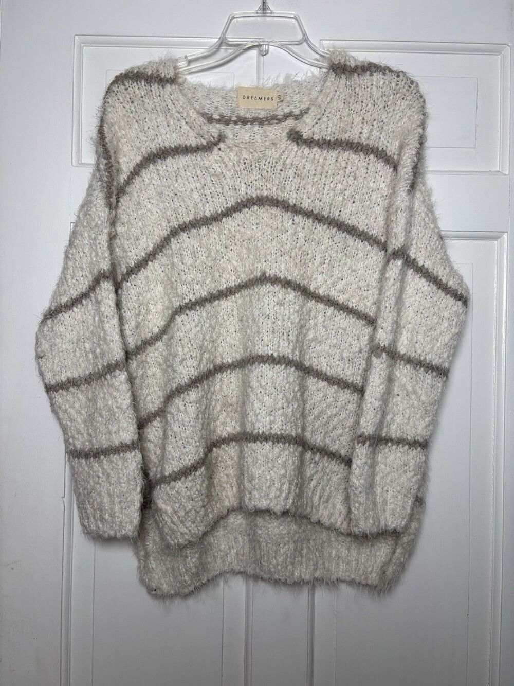 Dreamers Super Soft Fuzzy V Neck Tunic Sweater Gray/White Women’s S/M